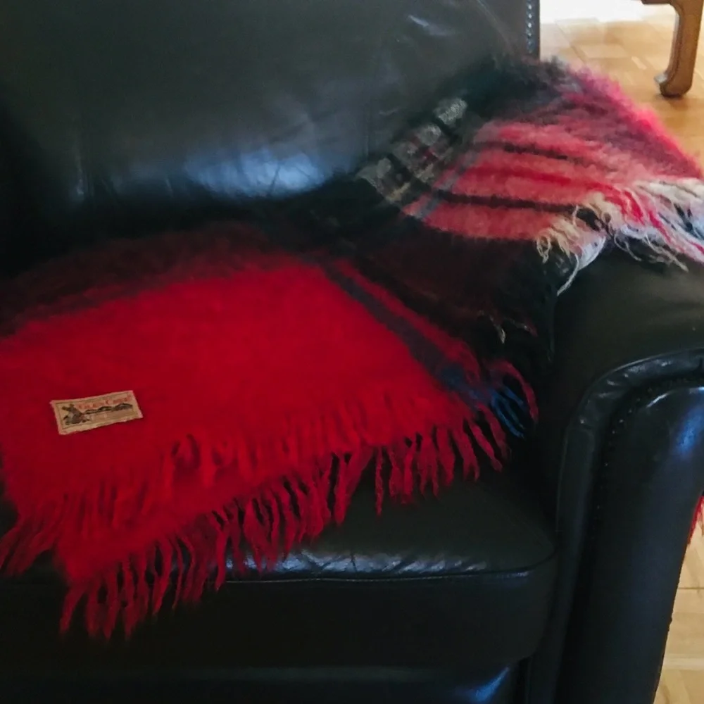 Vintage Glen Cree Scottish Mohair Blanket Red Green Tartan Plaid Throw 52”x78”